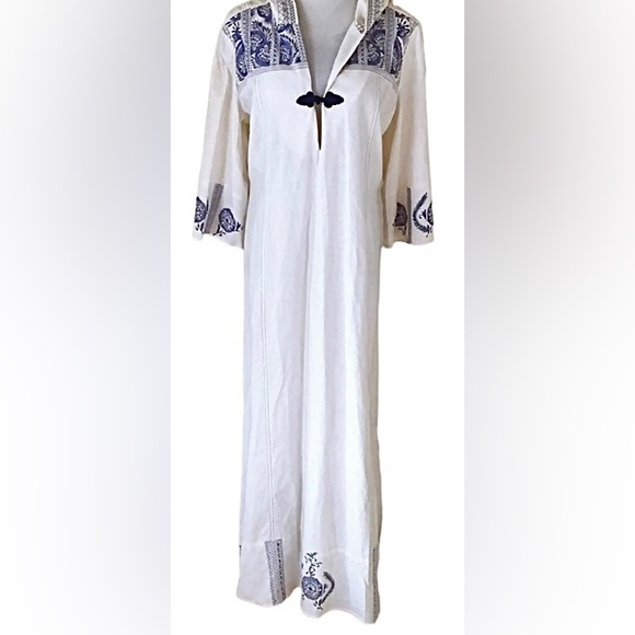 🌀Soft Surroundings Boho Embroidered Hooded Linen 3/4 Sleeves Caftan Maxi Sz M - Picture 7 of 9